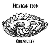 Mexican food Chilaquiles. Hand drawn black and white vector illustration in doodle style.