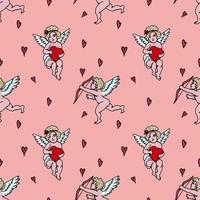 Valentines Day seamless pattern with vintage little cupids and hearts on a pink background. Vector illustration.