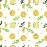 Vector seamless pattern with citrus fruits lemon, lime, orange, grapefruit, palm leaves.  Hand drawn tropical illustration.