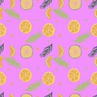 Vector seamless pattern with citrus fruits lemon, lime, orange, grapefruit, palm leaves.  Hand drawn tropical illustration.