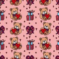 Valentines Day seamless pattern with cute Teddy Bears, gift boxies, hearts on a pink background. vector