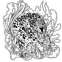 Hand drawn vector portrait of a growling leopard in doodle style. Coloring book page.