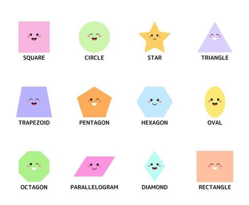 Geometric shapes characters with face emotions for children learning. Cute basic geometric shapes for child education, kindergarten, preschool.