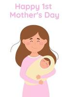 tarjeta del día de la madre feliz. primer día de la madre. mujer con bebé. regalo para las nuevas mamás. vector