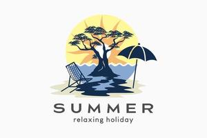 Summer logo, simple outdoor logo illustration in pastel colors. Silhouette of a beach tree combined with the sea or the beach and the sun