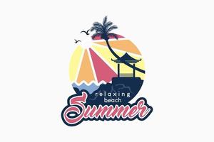 logotipo de verano con cenador y concepto de silueta de árbol de coco en una ilustración colorida del océano y el sol vector