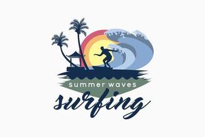 logotipo de surf, logotipo de verano al aire libre con el concepto de silueta de surfistas combinado con la naturaleza vector