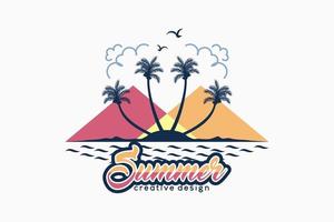 logotipo de verano con el concepto de silueta de árbol de coco en la ilustración del océano y la montaña vector