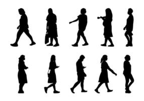 siluetas de hombres y mujeres sobre fondo blanco, colección de siluetas de personas caminando vector