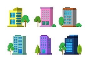 Flat colorful company building and tree on white background, Modern architecture construction vector set