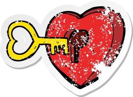 retro distressed sticker of a cartoon heart with key vector