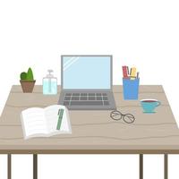 Illustrator vector of working desk with working accessories, computer notebook, pen, book, glasses, coffee cup, cactus, alcohol hand cleansing