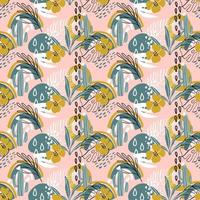 Beautiful seamless pattern with palm leaves, flowers, cactus and different textures on pink background. Tropical theme. Cute vector illustration for fabric, wallpaper, wrapping paper.