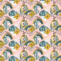 Beautiful seamless pattern with palm leaves, flowers, cactus and different textures on pink background. Tropical theme. Cute vector illustration for fabric, wallpaper, wrapping paper.