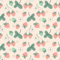 Sweet strawberry seamless pattern in simple hand drawn style. Pink berries, green leaves, white flowers on light background. Digital vector illustration for textiles, wrapping, summer sales banner.