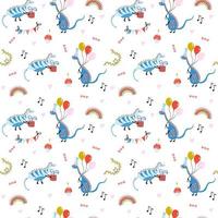 Cute vector seamless pattern with dinosaurs, gifts, balloons, cupcakes, rainbows on white background. Colourful illustration in simple cartoon hand-drawn style for kids birthday party and baby shower