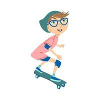 Vector illustration of child sport activity. Happy smiling boy riding skateboard. Cartoon style portrait isolated on white background.