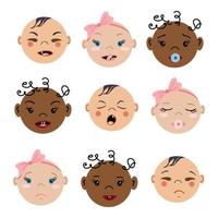 Set of cartoon baby faces with different emotions. Vector illustrations of kid portraits isolated on white background. Diversity multi-ethnic people.