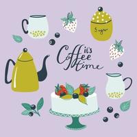 Set of elements with cake, berries, ceramic tableware and lettering text. It's coffee time slogan. Hand drawn vector illustration for banners, menu, cards, design.