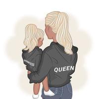 Mother and daughter in an embrace, hoodie with the word queen and princess on the back, cool, vector illustration print