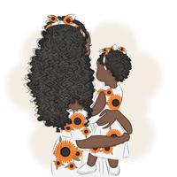 African-American mother with young daughter cute vector illustration, textile print, postcard, packaging