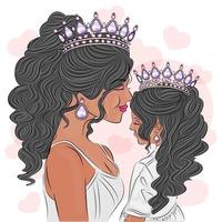 mamá e hija se aman en una corona glamorosa, hermosos vestidos en mamá e hija, coronas en sus cabezas, ilustración realista que representa a mamá e hija como reina y princesa, vector