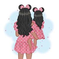 Mother and daughter walking in the park, with a Mickey Mouse headband, fashion illustration, vector