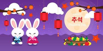 tarjeta de felicitación chuseok fiesta nacional coreana, conejos, ilustración vectorial de diseño de estilo plano.