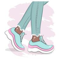 Female legs in sneakers and jeans, sketch, fashion illustration, clothes and shoes, textile print, postcard, packaging, vector illustration.