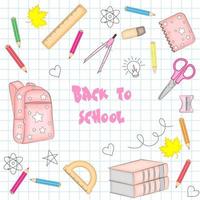 Back to school poster, school supplies in doodle style on the background of a checkered notebook, vector illustration