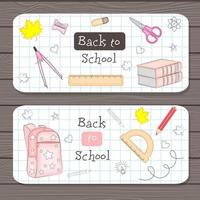 Banner or coupon Back to school, colorful design with school supplies, vector illustration
