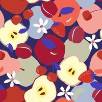 Seamless pattern with bright fruits and berries. Summer print with slices of apples, pears, strawberries, cherries. Vector graphics.