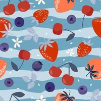 Seamless pattern of juicy blueberries, cherries and strawberries. Summer fruit print. Vector graphics.