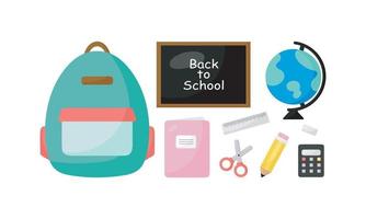 Set with school supplies. School bag, blackboard, globe, notebook, pencil, ruler, eraser, scissors, calculator. Vector illustration.