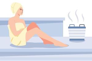 mujer relajante sauna en spa, casa de baños o sauna de vapor caliente, terapia de cuidado corporal, bienestar, personajes de dibujos animados ilustración vectorial.