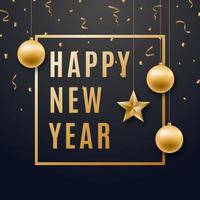 Happy New Year design with shiny golden balls, serpentine and confetti on black background. Realistic vector illustration.