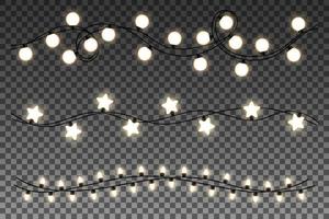 Glowing lights isolated on transparent background. Set of realistic glowing garlands. Vector illustration.