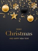 Merry Christmas and Happy New Year card design. Realistic Christmas golden balls, stars, snowflakes and confetti. Vector design template for festive brochures, posters, banners, greeting card, etc.