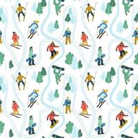 Seamless pattern with young people at mountain resort. Skiing and snowboarding. Winter season illustration. vector