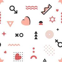 Valentines geometric pattern in Memphis style. Vector wallpaper with line elements, abstract geometric figures and hearts.