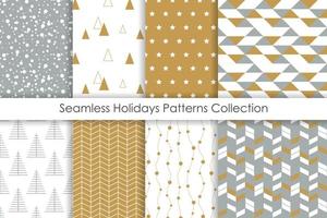 Set of Christmas seamless patterns. Collection of simple geometric backgrounds with golden, white and gray colors. Vector illustration.