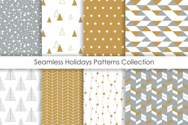 Set of Christmas seamless patterns. Collection of simple geometric backgrounds with golden, white and gray colors. Vector illustration.