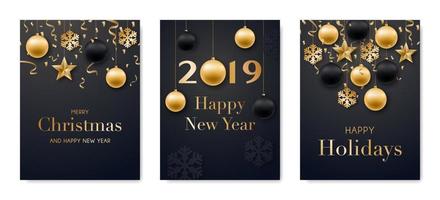 Set of Holidays greeting cards. Collection of festive posters with realistic christmas balls. Merry Christmas and Happy New Year. Vector illustration.