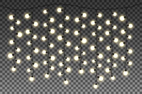 Glowing lights isolated on transparent background. Realistic glowing garlands. Christmas decorations. Vector illustration.