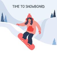 Cartoon vector illustration of snowboard. Girl snowboarder in the mountains. Active winter sport.