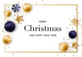 Merry Christmas and New Year background with shiny golden and blue balls, serpentine and confetti. Vector design template.