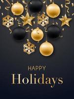 Happy New Year card design. Realistic Christmas golden balls, stars, snowflakes and confetti. Vector design template for festive brochures, posters, banners, greeting card, etc.