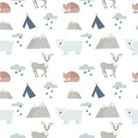 Seamless forest animals background with cute deer, bear and fox. Cartoon style. vector