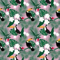 Bright tropical seamless pattern with toucan and tropical leaves. Jungle texture. Perfect for wallpapers, pattern fills, web page backgrounds, surface textures, textile. Vector Illustration.