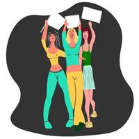 Protesting women of different races with banners in their hands defend their rights to abortion. Abortion rights vector illustration. People protest against the ban on abortion in the USA.
